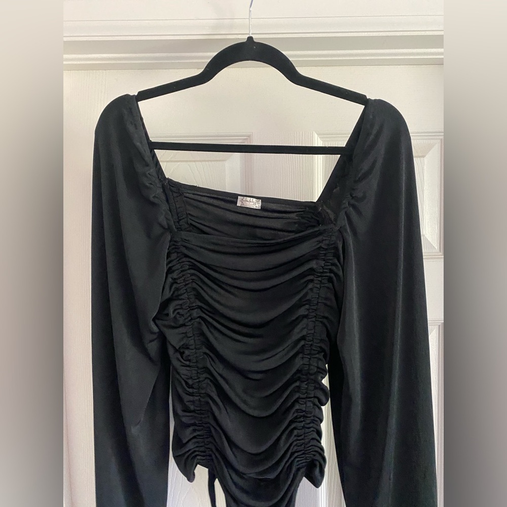 Free People Black Long Sleeve Ruched bodysuit